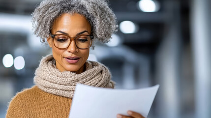 woman reading document with thoughtful expression in modern setting