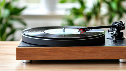 Fototapeta premium close up of vinyl record spinning on turntable, showcasing high fidelity sound