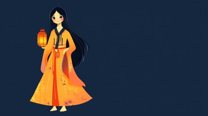 Fototapeta premium Asian girl lantern night festival illustration