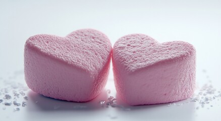 Two Pink Heart-Shaped Marshmallows on White Background