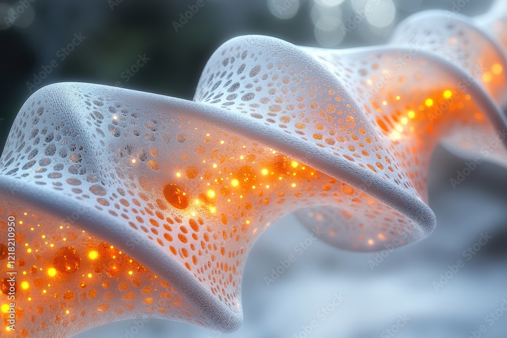 Leinwandbilder A close-up view of a futuristic, luminescent structure featuring intricate patterns and glowing elements, representing advanced technology and innovation.