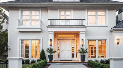 Luxury Modern Home Exterior: Elegant White Facade, Grand Entrance, and Evening Lighting