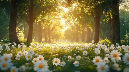 Obraz premium Sunlit daisy field path, forest background, idyllic scene
