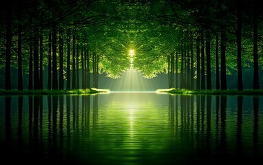 Obraz premium Sunbeams through trees reflected in calm water.