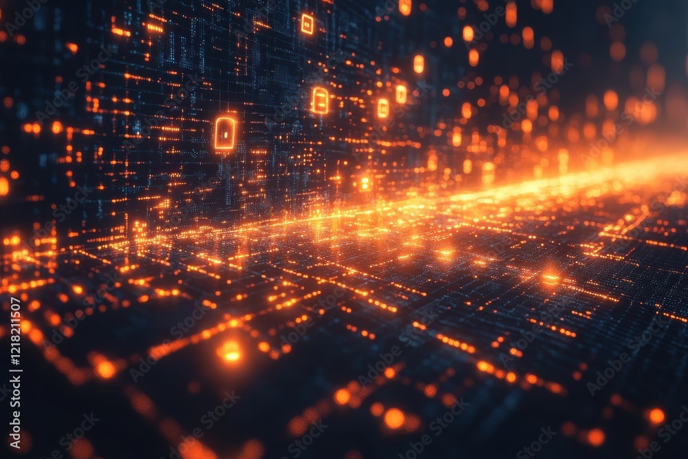 Poster A digital landscape filled with glowing binary data streams and vibrant patterns, representing the dynamic flow of information in modern technology.