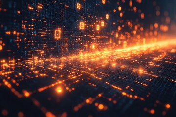 Fototapeta premium A digital landscape filled with glowing binary data streams and vibrant patterns, representing the dynamic flow of information in modern technology.