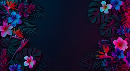 Obraz premium Lush tropical flowers and leaves with a glowing neon aesthetic against a dark background. with wide textspace or copyspace