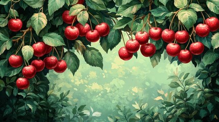 Obraz premium Lush branches laden with ripe red cherries hang over a sun-dappled green background.