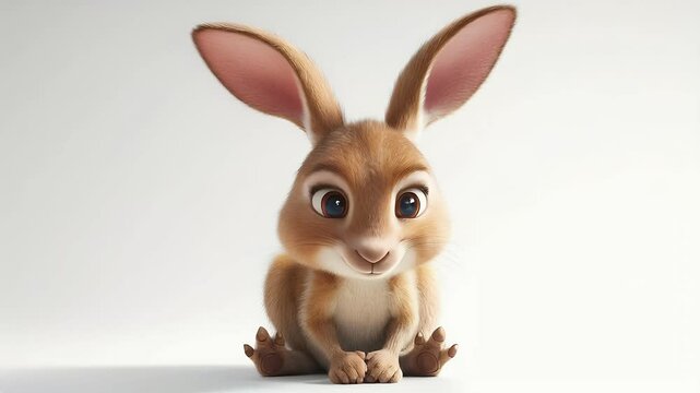 Adorable cartoon bunny rabbit sitting, smiling, fluffy fur, large eyes, cute, friendly expression, light background, 3D rendering.