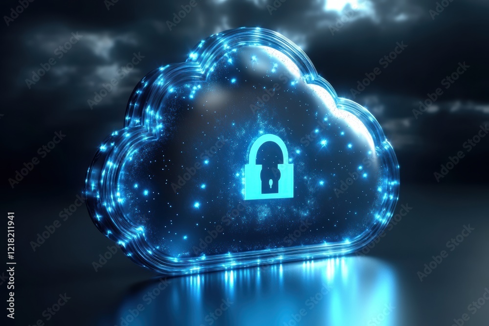 Poster A futuristic cloud symbol with a padlock, representing secure cloud computing and data protection amidst a dark, stormy background.