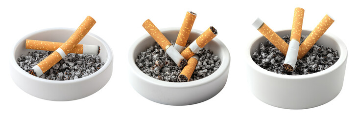 Cigarettes and Ashes in White Bowls on Transparent Background