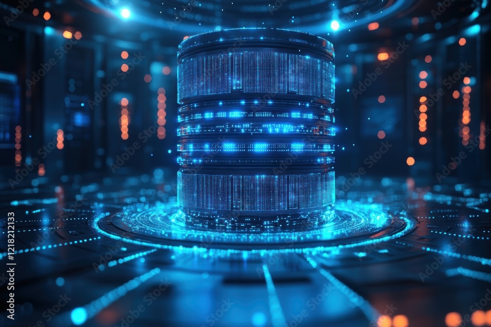Poster a futuristic digital server room featuring glowing blue data storage surrounded by intricate light p