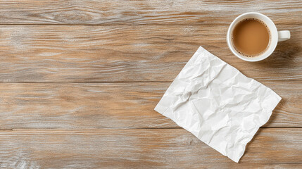 Crumpled love letter on wooden table with coffee cup nearby, evoking nostalgia