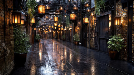 Fototapeta premium dark alleyway illuminated by flickering lanterns, creating mysterious atmosphere
