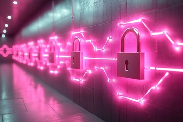 A futuristic scene featuring glowing pink locks, representing digital security and protection in a modern technological environment.