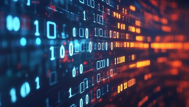 Abstract digital data stream with glowing binary code, flowing in orange and blue hues.