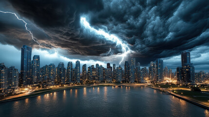 darkened city skyline under stormy sky with lightning strikes