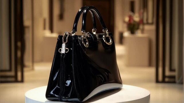 Black patent leather handbag on a white pedestal.  Shiny, elegant, stylish women's accessory. Close-up studio shot.