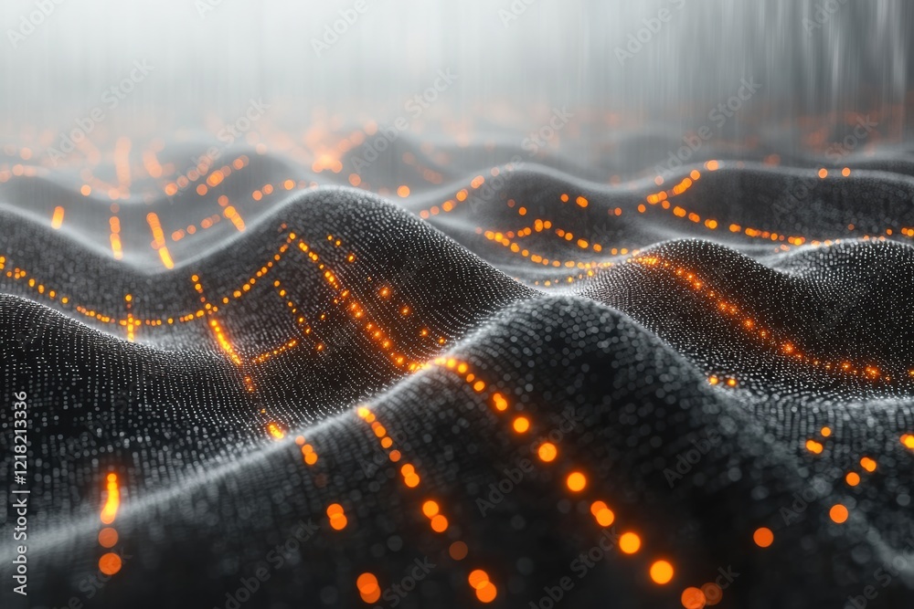 Poster A mesmerizing digital landscape with glowing lines and waves, symbolizing advanced technology and data visualization, evoking feelings of innovation and progress.