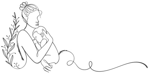 parent and baby, mom hugs the baby line art style vector illustration