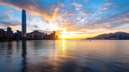 Fototapeta premium stunning skyline at dawn with reflections on water and vibrant colors