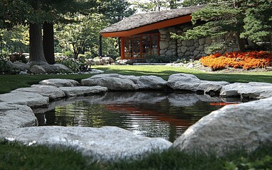 Naklejka premium Serene garden pond reflecting mid-century modern house.