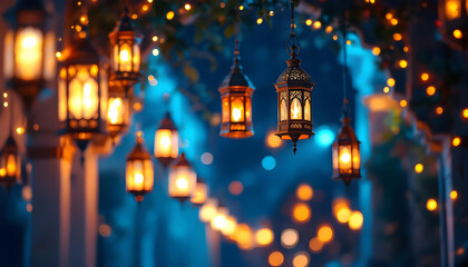 Obraz premium Illuminated Lanterns Hanging Against A Night Sky