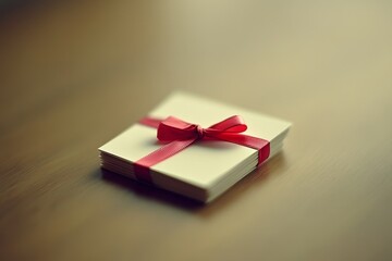 Elegant presentation of a neatly stacked set of blank greeting cards tied with a vibrant red ribbon, perfect for personalized messages and special occasions.