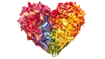 Heart made of mixed flowers on transparent background