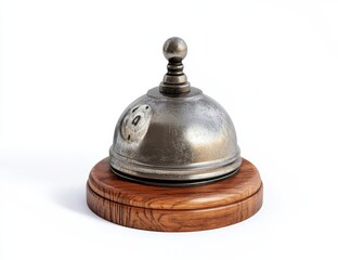 Vintage metal service bell on wooden base, isolated on white.