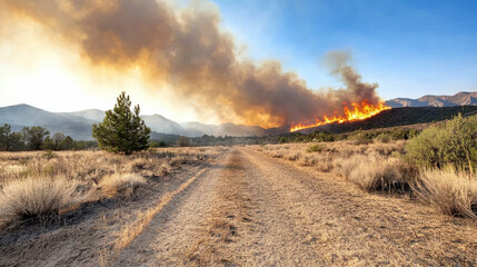 dramatic wildfire spreads through dry landscape, creating sense of urgency
