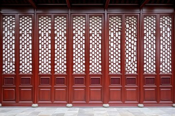 Elegant Traditional Wooden Lattice Wall Design with Rich Red Finish, Showcasing Intricate Patterns and Architectural Beauty in a Serene Environment