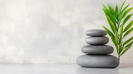 Serene Stacked Stones with Green Plant on Minimalist Background