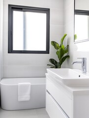 Fototapeta premium Stunning Apartment Bathroom Renovation - Modern bathroom design, clean lines, white fixtures, minimalist aesthetic, tranquil atmosphere.