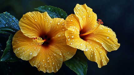 Two Dew-Kissed Yellow Hibiscus Flowers