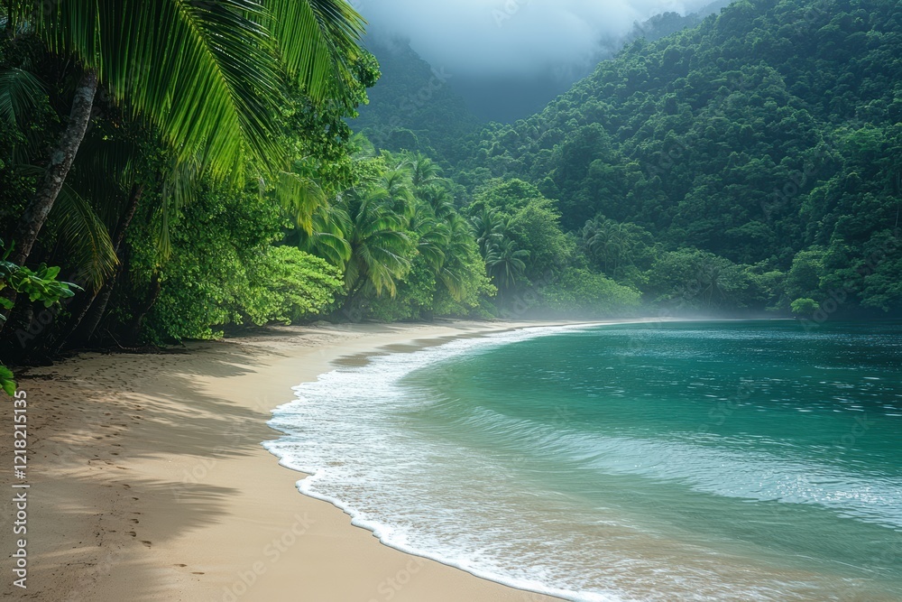 Poster a serene beach scene surrounded by lush greenery and misty mountains, with gentle waves lapping at t