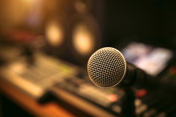 Microphone in studio for producer live broadcasting or audio equipment music instrument speaker of sound record concepts.