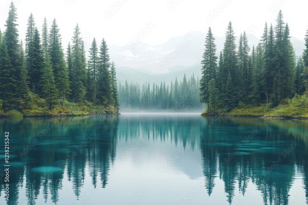 Aufkleber a serene lake surrounded by tall evergreen trees, reflecting the peaceful scenery and enveloped in a