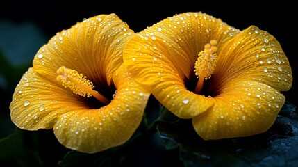 Dew-Kissed Hibiscus Duet: A Symphony of Golden Petals