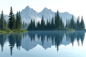 Fototapeta premium A serene landscape featuring majestic mountains reflected in a calm lake surrounded by lush evergreen trees, capturing the essence of nature's beauty.