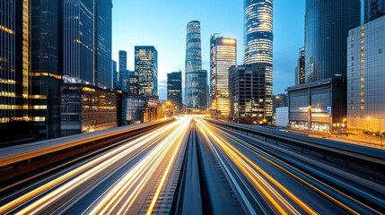 Fototapeta premium City skyline at night with illuminated skyscrapers and light trails