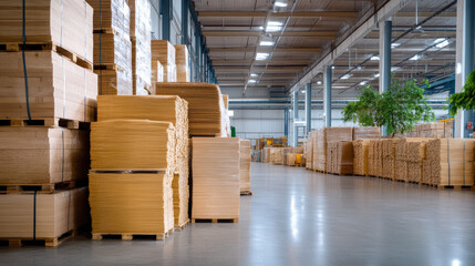 Large inventory area filled with stacked wooden pallets and materials