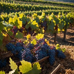 A rolling vineyard during harvest season with grapes glistening in the sun.