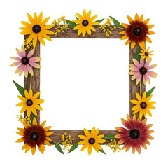 Rustic Wooden Frame Autumn Flowers Floral Design Nature Border Red Pink Black Image Plant Yellow    