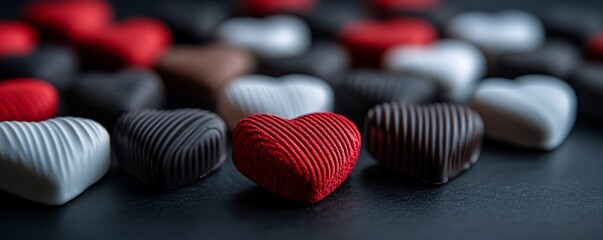 Aromatic Red Chocolate Hearts on Dark Background