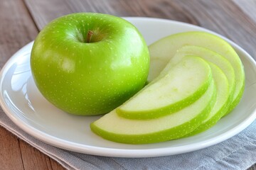 Fresh green apple on a white plate with sliced apple pieces, showcasing vibrant color and texture, perfect for health and nutrition-related content