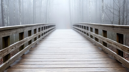 fog covered bridge leads into dark forest, creating mysterious atmosphere