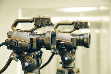 Video cameras for make movie or journalist interview broadcasting reporter news or press conference speaker or public speaking or report record and content creator live media.