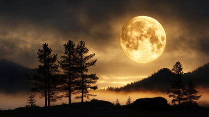 foggy night with full moon illuminating silhouetted trees and mountains