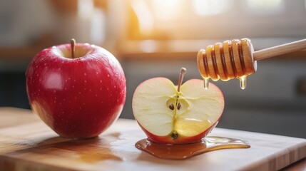 Fresh Red Apple with Honey Dripping from Wooden Dipper on Wooden Board in Cozy Kitchen Setting with Soft Natural Light